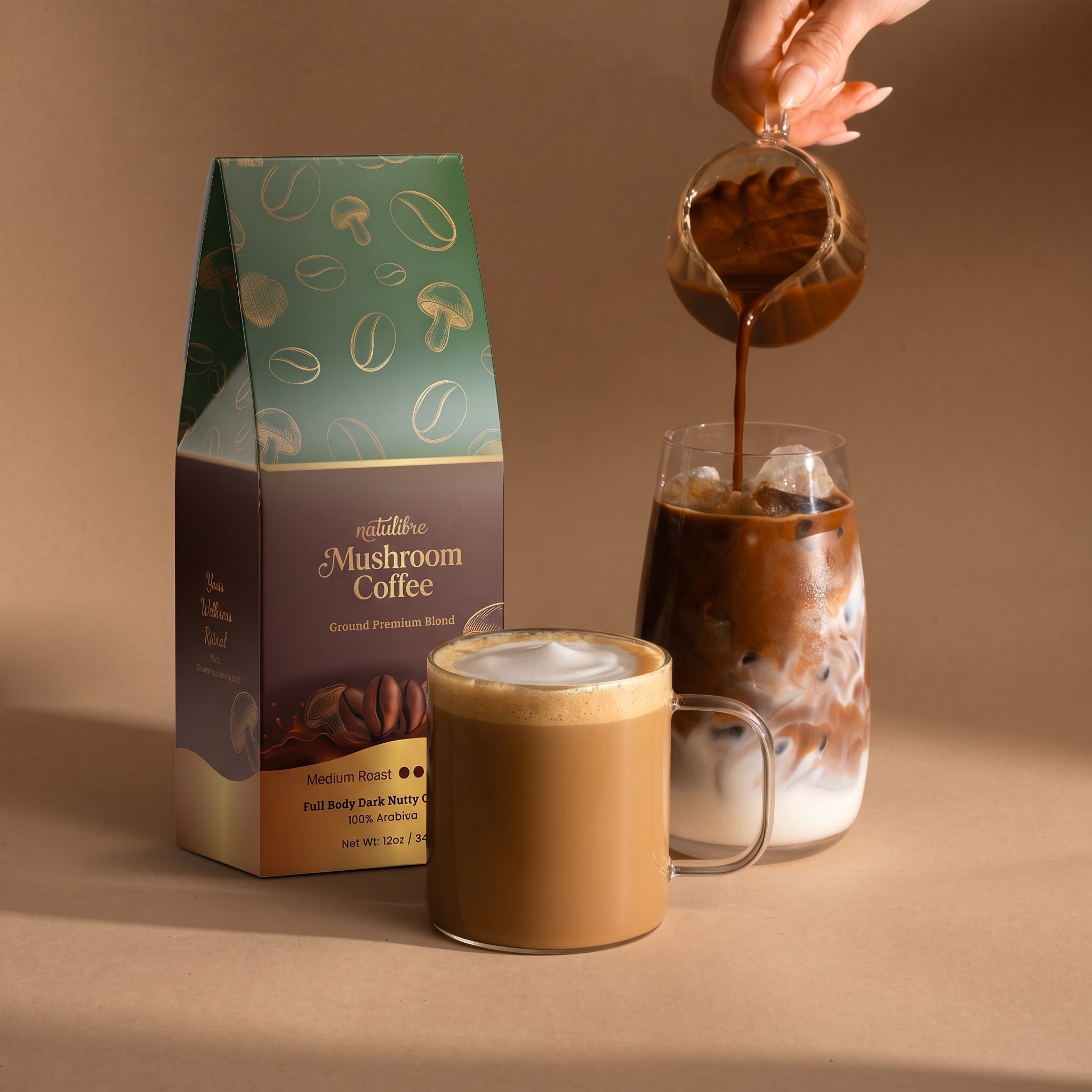 Natulibre Mushroom Coffee morning brew in glass cup